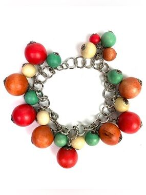 Vintage bracelet wooden beads, red, green natural